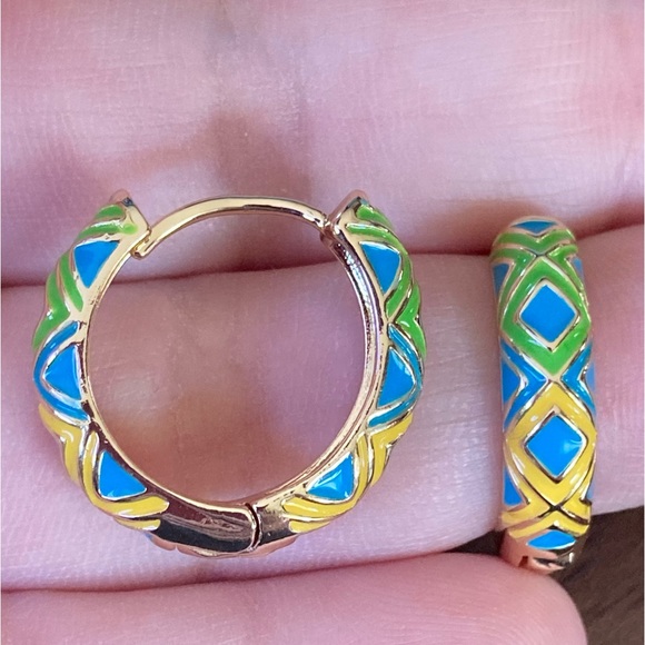 Blue Yellow & Green Enamel Aztec Gold Toned Hoop Earrings - Picture 2 of 2